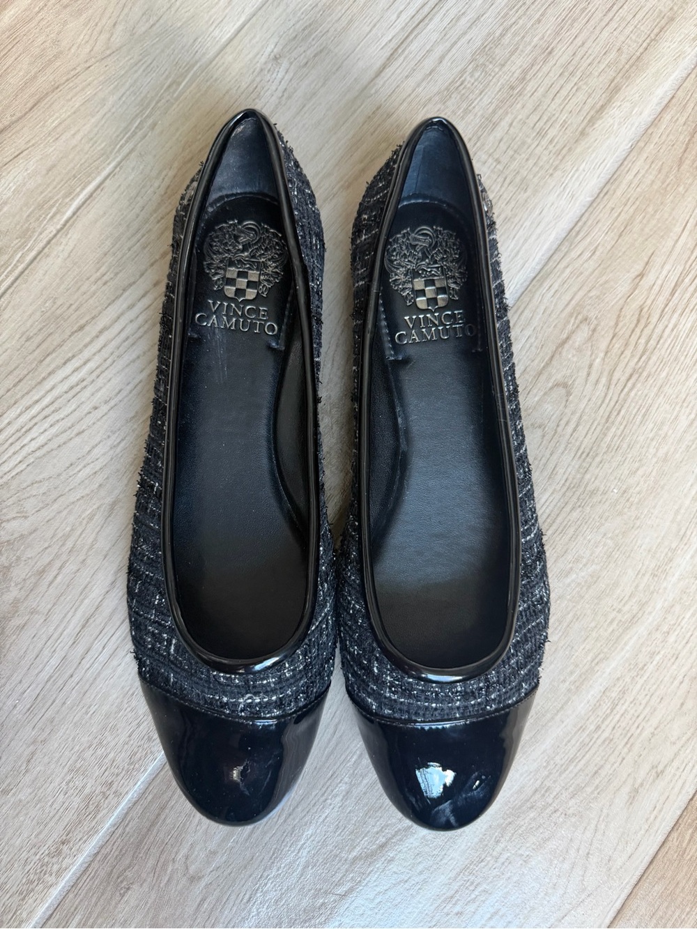 Vince Camuto Mindy Ballet Flats Black Patent Leather & Tweed. NWT